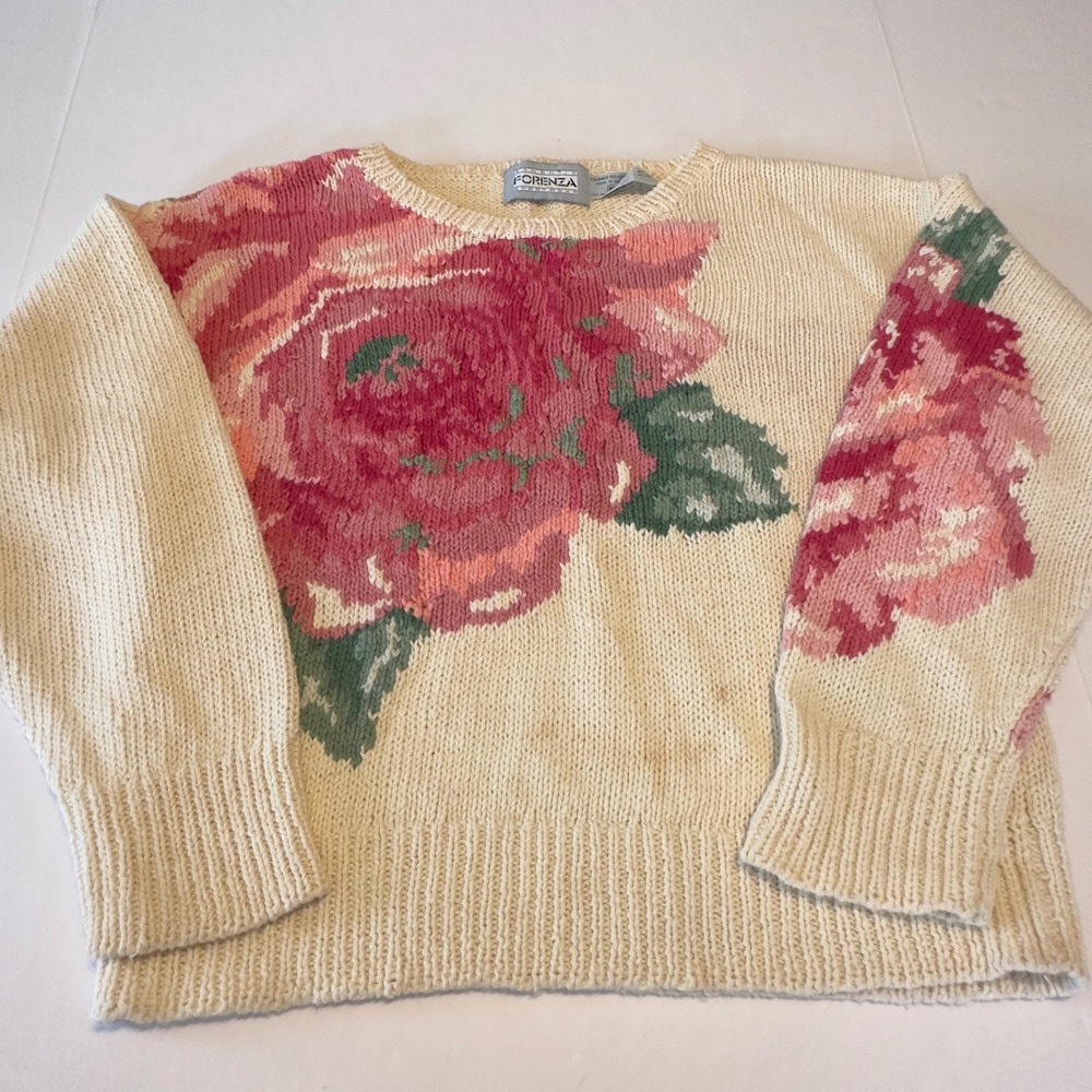 Vintage Forenza Sportswear Rose Floral Knit Sweater Cream Pink Ramie Cotton Med‎